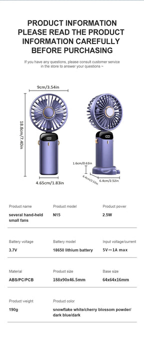1800mAh Portable Fan, Rechargeable 90° Foldable Mini Fan with LED Display.