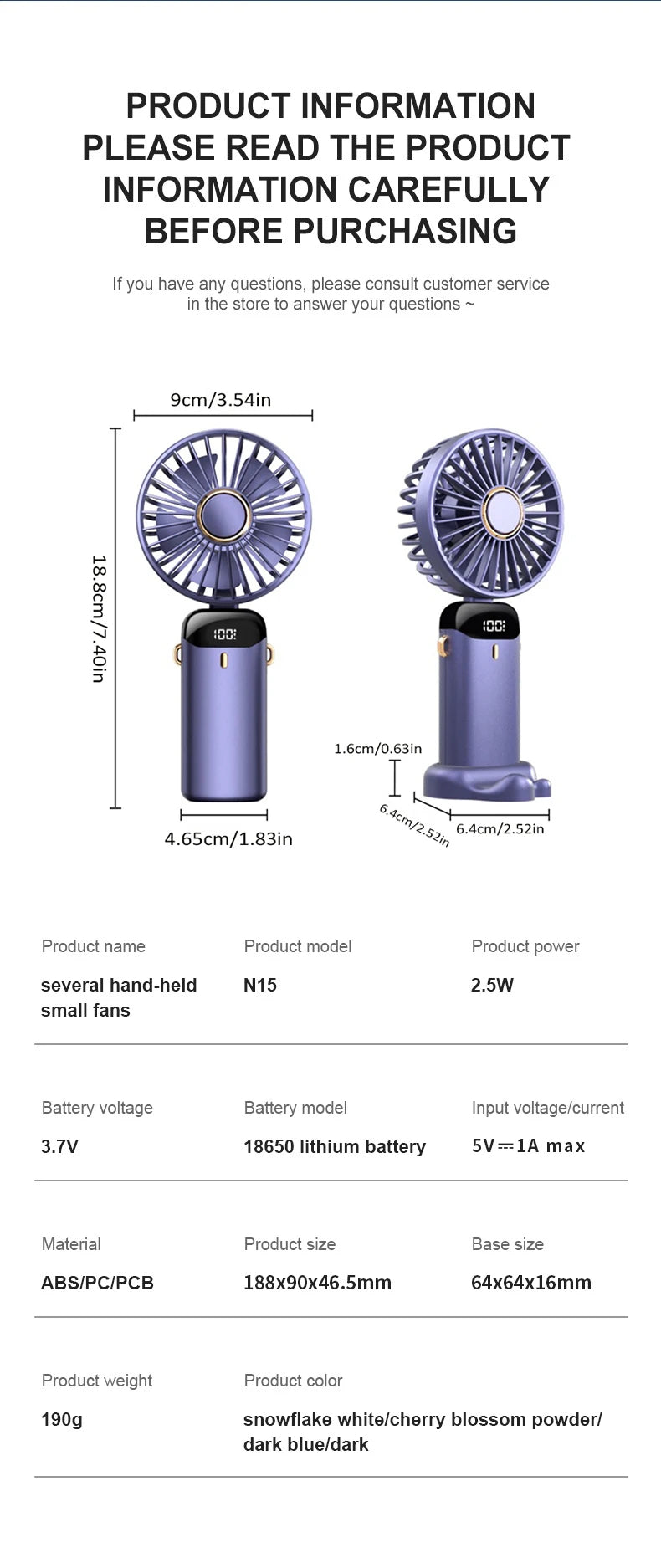 1800mAh Portable Fan, Rechargeable 90° Foldable Mini Fan with LED Display.
