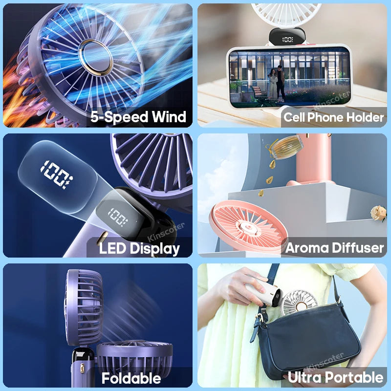 1800mAh Portable Fan, Rechargeable 90° Foldable Mini Fan with LED Display.