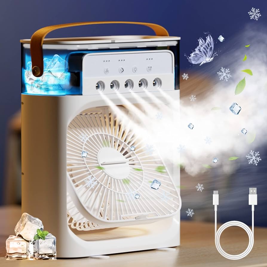 Portable Mini Air Conditioner, Personal Air Cooler Fan, with 3Speed Gear and 7 Colors LED Light